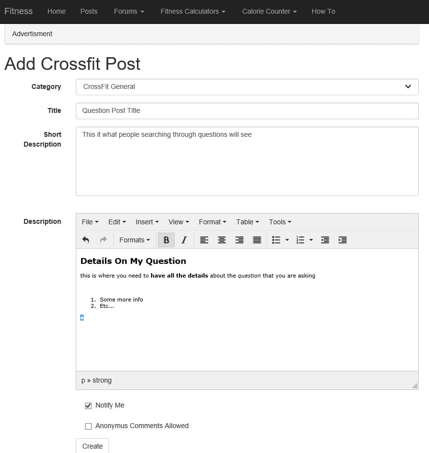 Screen shot of what the CrossFit Add Post fields. https://www.getstrong.fit