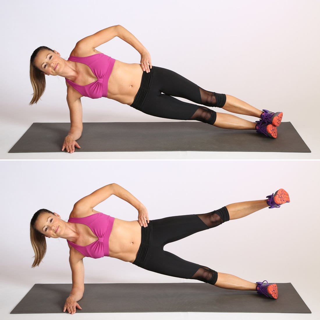 woman performing the side plank leg raise exercise