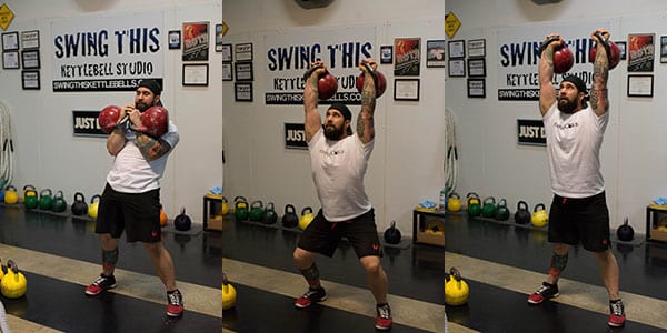 man demenstrating the different steps to a Double kettlebell Jerk https://get-strong.fit/Fitness