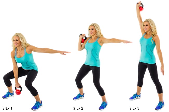woman showing how to do a Kettlebell clean and press