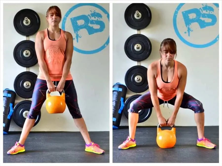 woman showing how to perform the Kettlebell Sumo Squat https://get-strong.fit/Kettlebell-Sumo-Deadlift-How-To-Exercise-Guide/Exercises