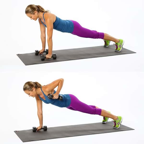 Woman showing how to perform the Plank Row Exercise https://get-strong.fit/Plank-Row-How-To-Exercise-Guide/Exercises