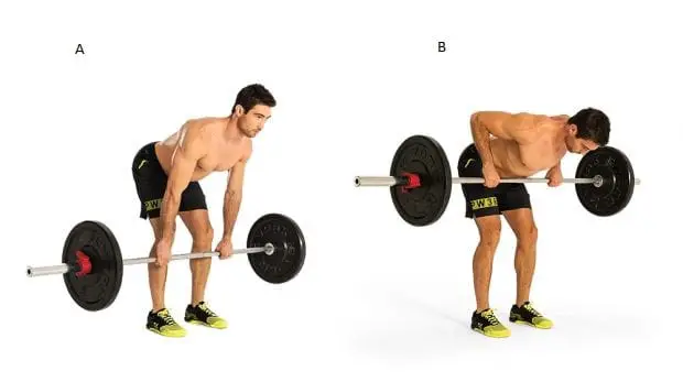 man showing how to perform the overhand barbell bent over row