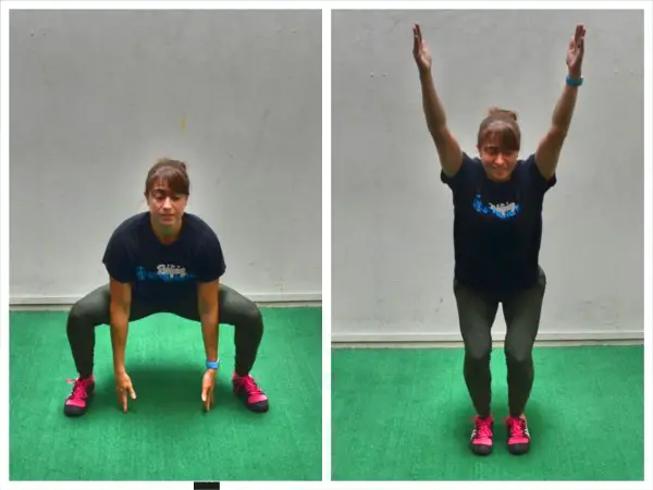 woman showing how to perform the Squat Jacks Exercise https://get-strong.fit/Squat-Jacks-How-To-Exercise-Guide/Exercises