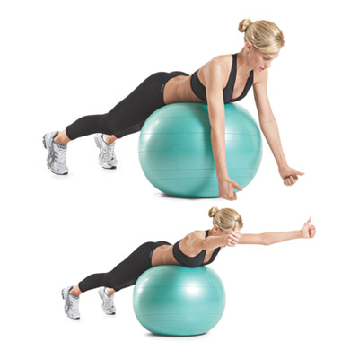 woman performing y raises on a stability ball