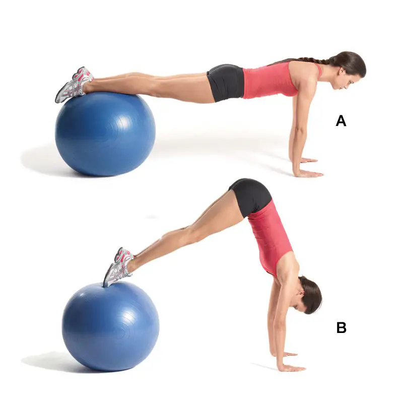 how to perform the stability ball pike exercise https://get-strong.fit/Swiss-Ball-Pike-How-To-Exercise-Guide/Exercises