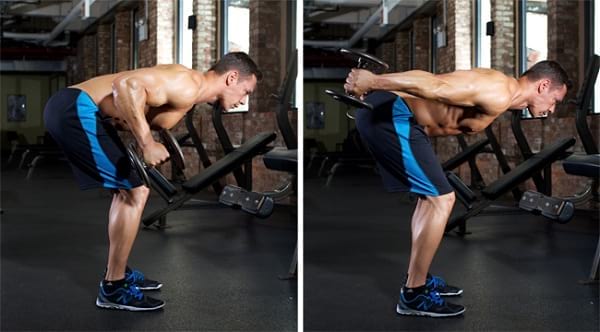 Man showing how to do 2 arm Dumbbell Kickbacks https://get-strong.fit/Dumbbell-Kickbacks-How-to-Guide/Exercises