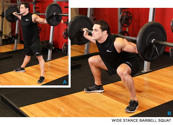 man showing how to perform the wide stance barbell squat https://get-strong.fit/Wide-Stance-Barbell-Squat-How-To-Exercise-Guide/Exercises